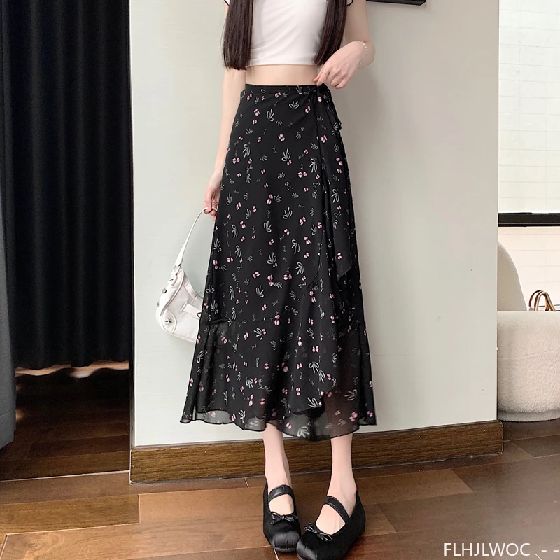 Wrap Up Chic Korea Clothes Women Cute Girls Floral Robe Holiday Beach Date High Waist Retro Vintage One-Piece Lace-Up Skirts