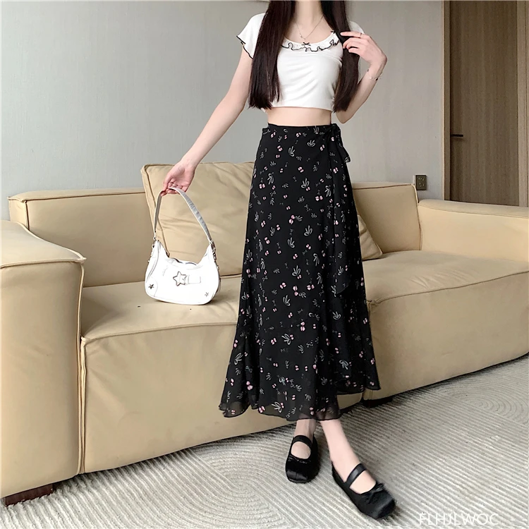 Wrap Up Chic Korea Clothes Women Cute Girls Floral Robe Holiday Beach Date High Waist Retro Vintage One-Piece Lace-Up Skirts
