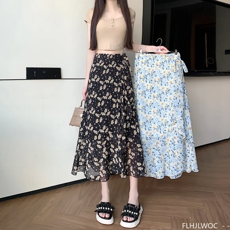 Wrap Up Chic Korea Clothes Women Cute Girls Floral Robe Holiday Beach Date High Waist Retro Vintage One-Piece Lace-Up Skirts