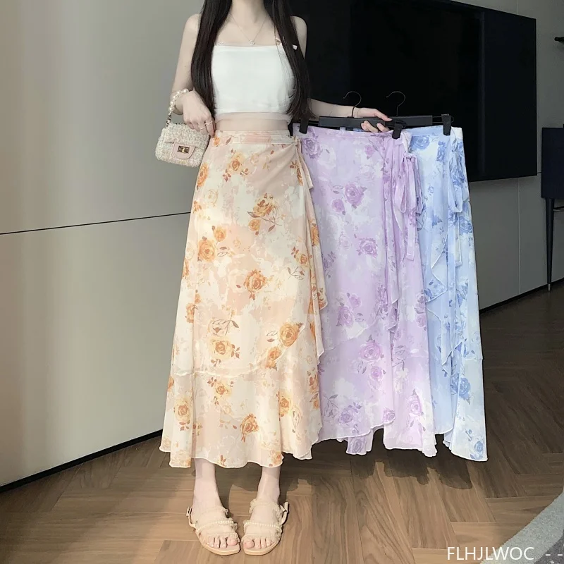 Wrap Up Chic Korea Clothes Women Cute Girls Floral Robe Holiday Beach Date High Waist Retro Vintage One-Piece Lace-Up Skirts