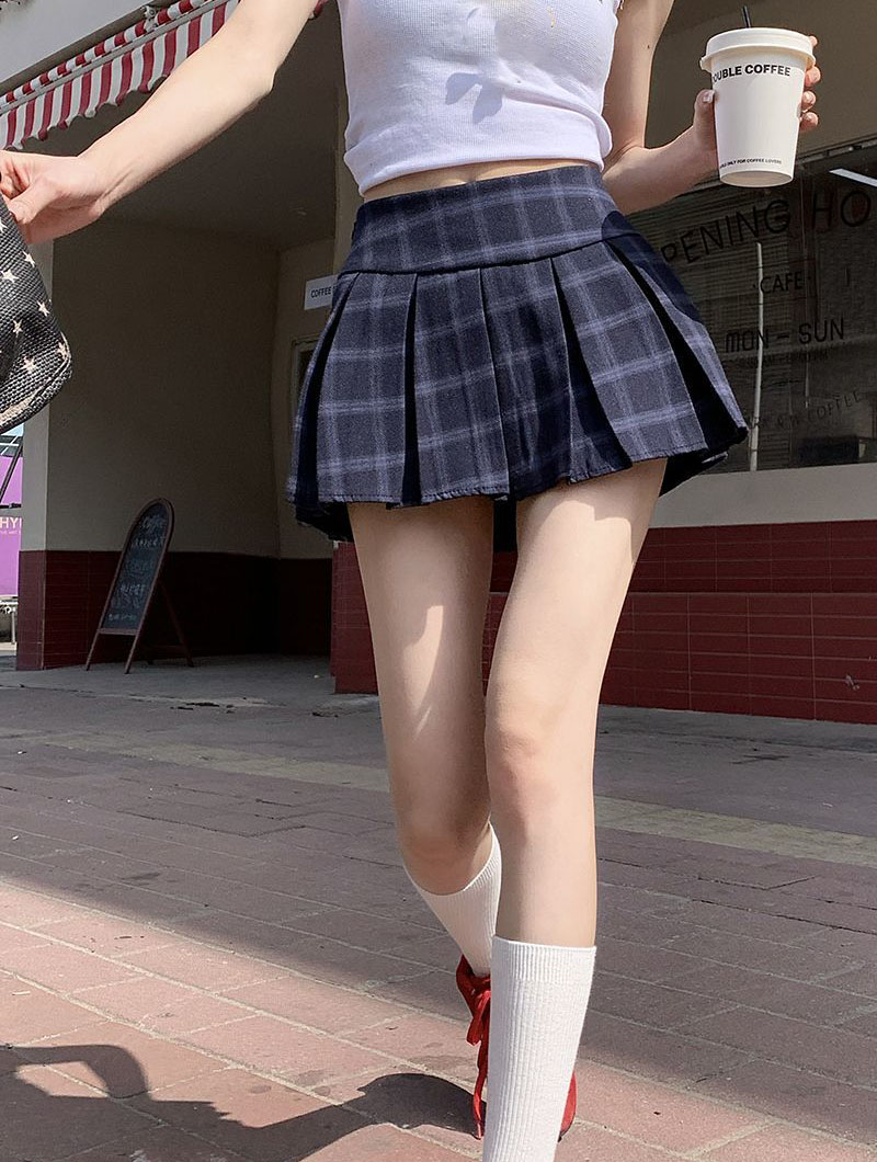 Vintage Blue Plaid Pleated Skirt Women Japanese Style School Students A-Line Jk Skirts Girl Preppy Style Inner Shorts Mini Skirt
