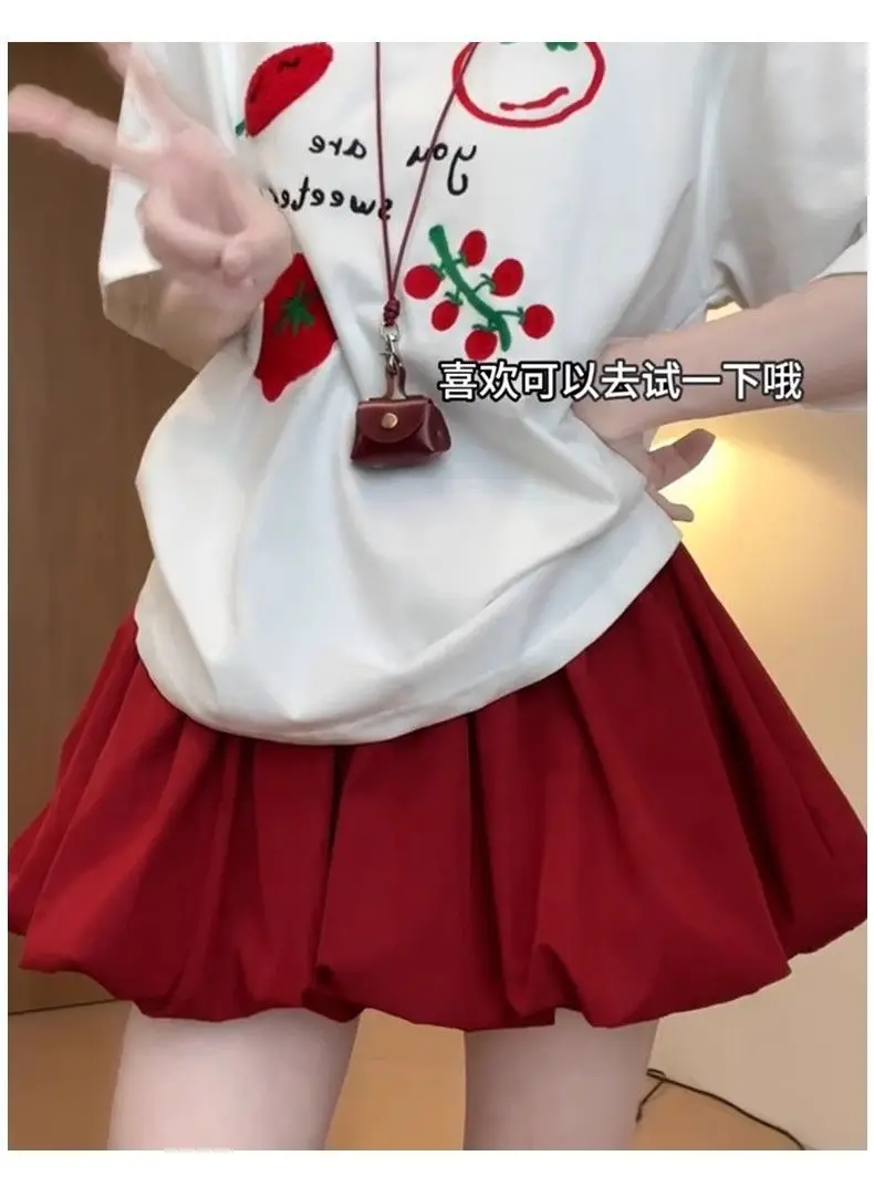 Red Petal Hem Bloom Skirt Women Summer Lightweight High Waist Flattering Fit Anti-Slip Lining Petite A-Line Mini Flowy Skirt