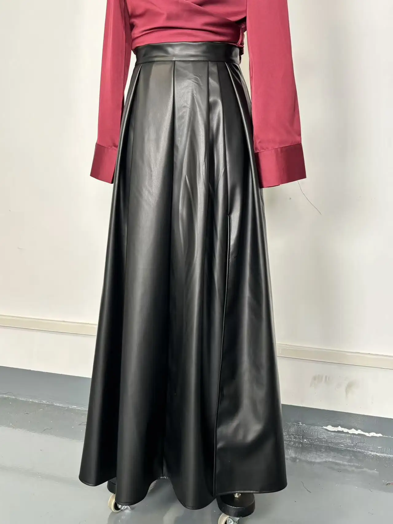 PU Leather Skirt New Style Fashion Large Slit Leather Skirt Mid-length Irregular Long Skirt Autumn Black Casual Holiday Skirts