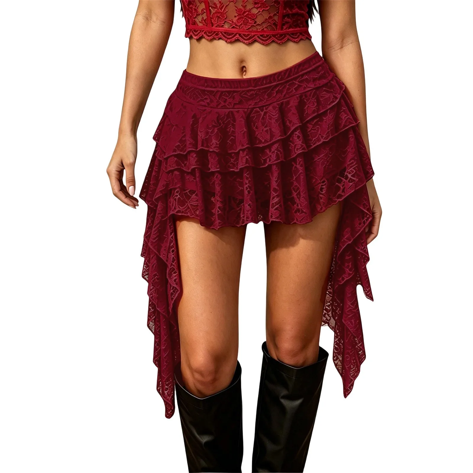 Lace Irregular Hem Tassels Women Mini Skirt Summer Retro Gothic Kpop High Waist Flowy Crotch Skirts For Hip Hop Party Clubwear