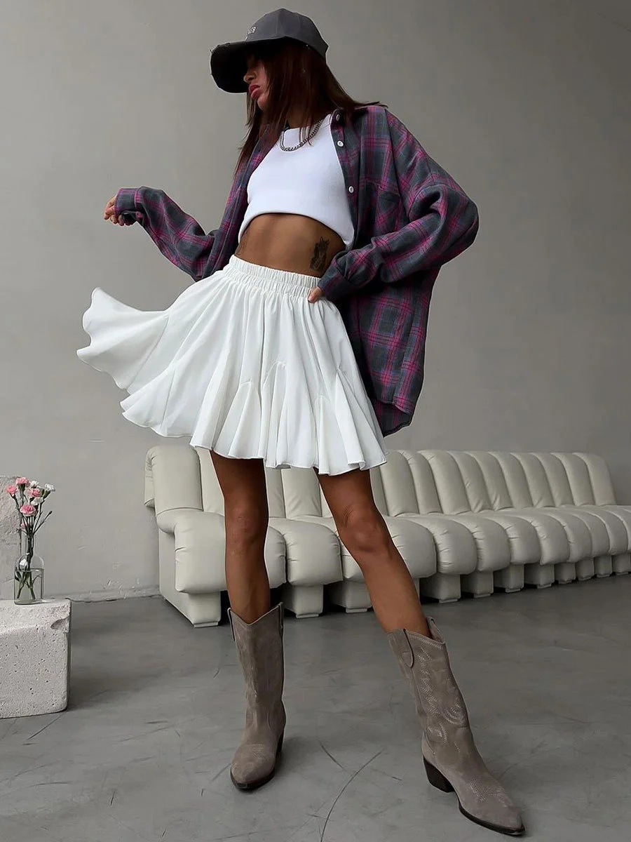 Summer White Ruffle Mini Skirt High Waist Korean Sexy Cute Ruffle Vintage Tennis Skirt Elastic Waist Tutu Short Skirts for Women