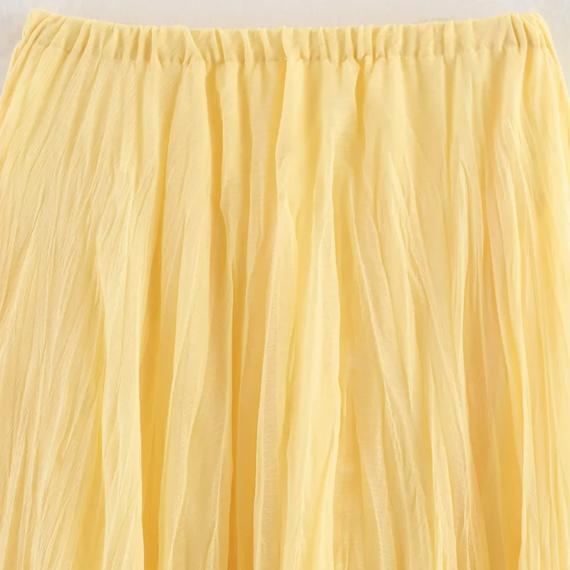 HXAO Pleated Long Skirt Woman Spring Summer Elegant Women's Skirts Fairy Tulle Midi Skirt High Waist Ruffled Yellow Skirt 088