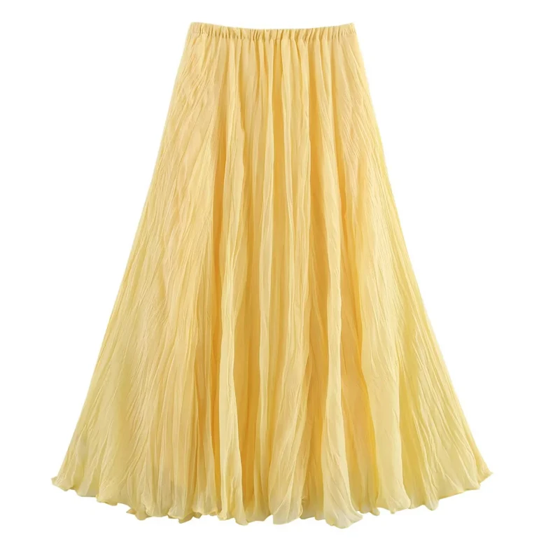 HXAO Pleated Long Skirt Woman Spring Summer Elegant Women's Skirts Fairy Tulle Midi Skirt High Waist Ruffled Yellow Skirt 088