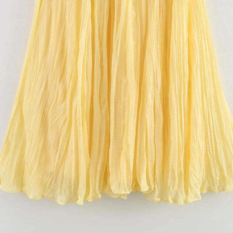 HXAO Pleated Long Skirt Woman Spring Summer Elegant Women's Skirts Fairy Tulle Midi Skirt High Waist Ruffled Yellow Skirt 088