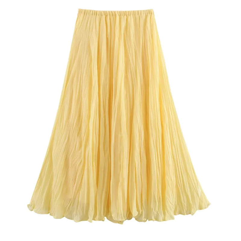 HXAO Pleated Long Skirt Woman Spring Summer Elegant Women's Skirts Fairy Tulle Midi Skirt High Waist Ruffled Yellow Skirt 088