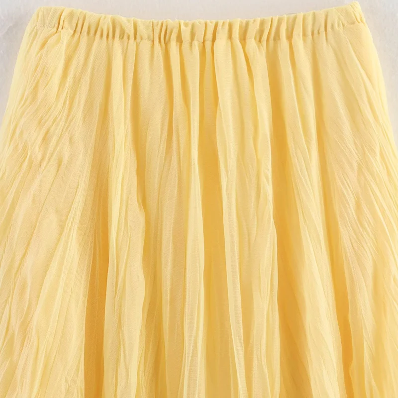 HXAO Pleated Long Skirt Woman Spring Summer Elegant Women's Skirts Fairy Tulle Midi Skirt High Waist Ruffled Yellow Skirt 088