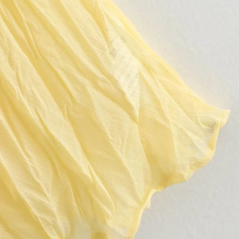 HXAO Pleated Long Skirt Woman Spring Summer Elegant Women's Skirts Fairy Tulle Midi Skirt High Waist Ruffled Yellow Skirt 088