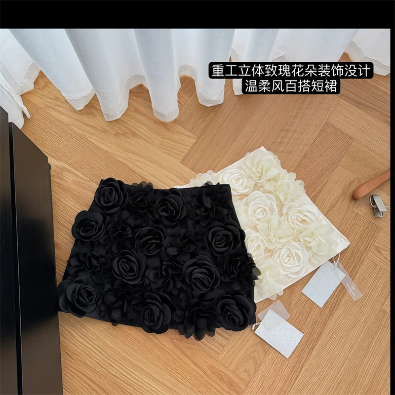 Women's Apricot A-line Skirt Vintage 90s Aesthetic Y2k 3D Floral Skirts Harajuku Korean Mini Skirts 2000s Cutecore Clothes 2024