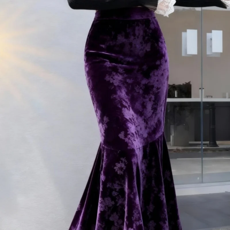 Limiguyue Purple Flower Velvet Skirt Women Luxury Wool Slim Package Hip Skirts High Waist Pleated Long Skirt Autumn Winter 920A