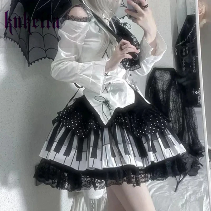 Kukeita Harajuku Y2k Punk Piano Key Wave Dot Lace Skirt Japanese Gothic Lolita Kawaii Cake Skirt Fairy Grunge Y2k Women Skirts