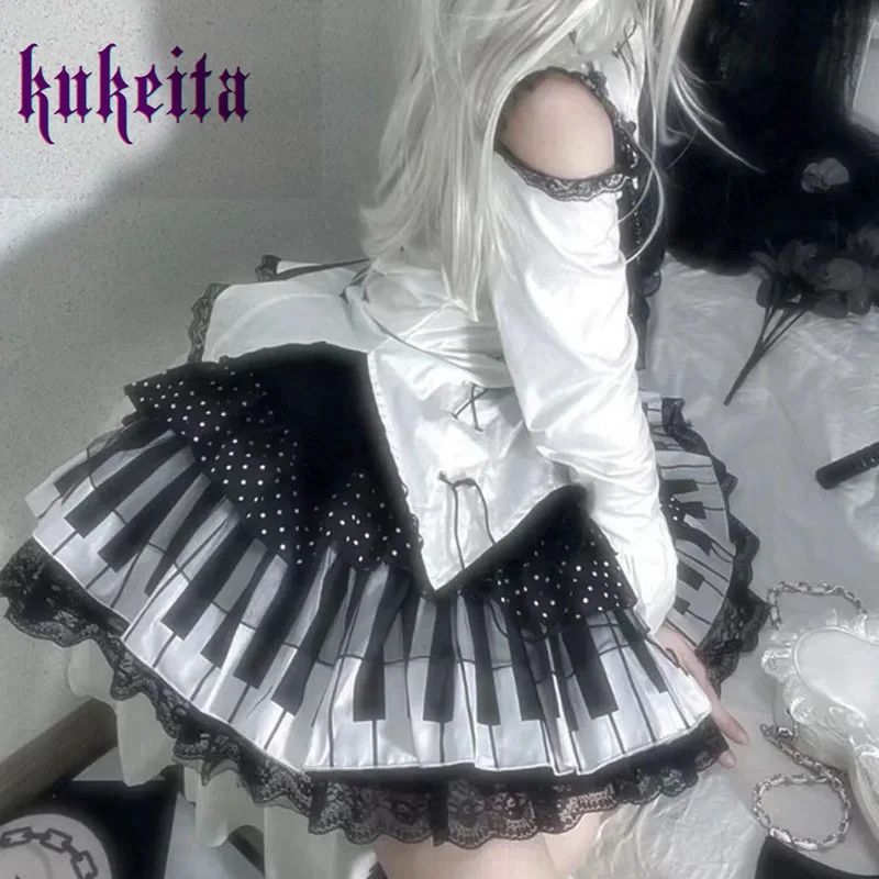Kukeita Harajuku Y2k Punk Piano Key Wave Dot Lace Skirt Japanese Gothic Lolita Kawaii Cake Skirt Fairy Grunge Y2k Women Skirts