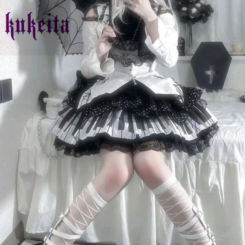 Kukeita Harajuku Y2k Punk Piano Key Wave Dot Lace Skirt Japanese Gothic Lolita Kawaii Cake Skirt Fairy Grunge Y2k Women Skirts