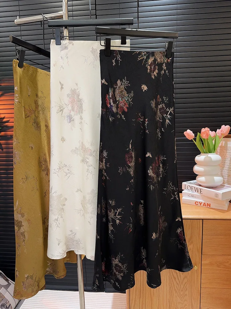 2026 New Arrival Women Elegant Vintage Skirt High Waist Flower Sexy Satin Maxi Skirts Faldas Femme Streetwear
