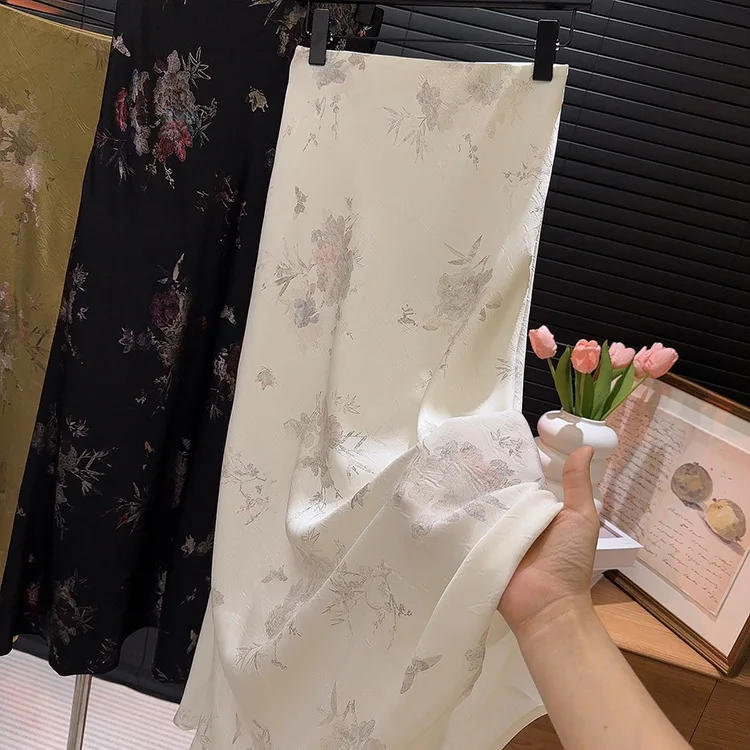 2026 New Arrival Women Elegant Vintage Skirt High Waist Flower Sexy Satin Maxi Skirts Faldas Femme Streetwear