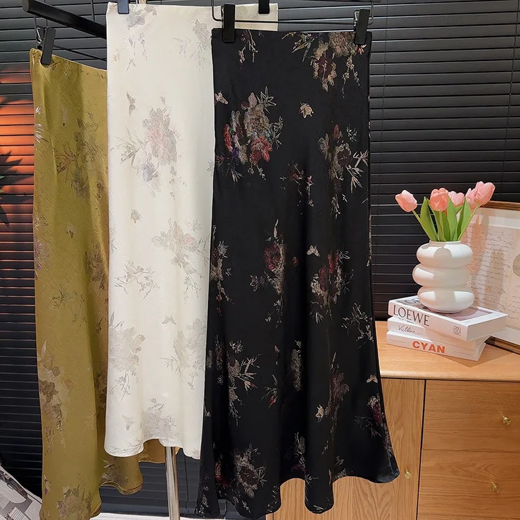 2026 New Arrival Women Elegant Vintage Skirt High Waist Flower Sexy Satin Maxi Skirts Faldas Femme Streetwear