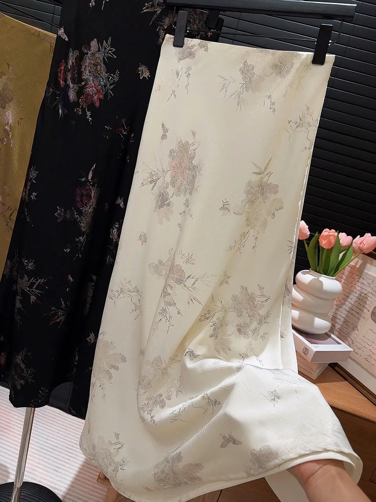2026 New Arrival Women Elegant Vintage Skirt High Waist Flower Sexy Satin Maxi Skirts Faldas Femme Streetwear