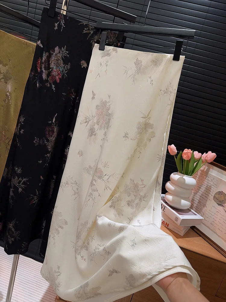 2026 New Arrival Women Elegant Vintage Skirt High Waist Flower Sexy Satin Maxi Skirts Faldas Femme Streetwear