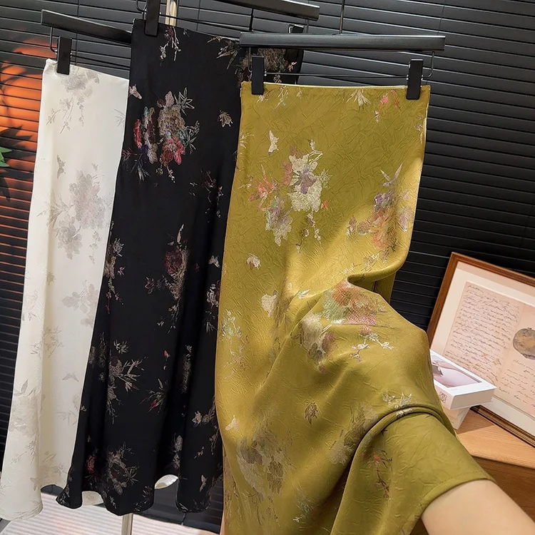 2026 New Arrival Women Elegant Vintage Skirt High Waist Flower Sexy Satin Maxi Skirts Faldas Femme Streetwear