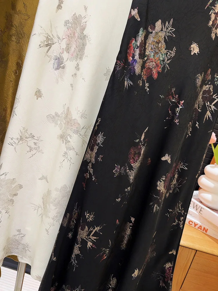 2026 New Arrival Women Elegant Vintage Skirt High Waist Flower Sexy Satin Maxi Skirts Faldas Femme Streetwear