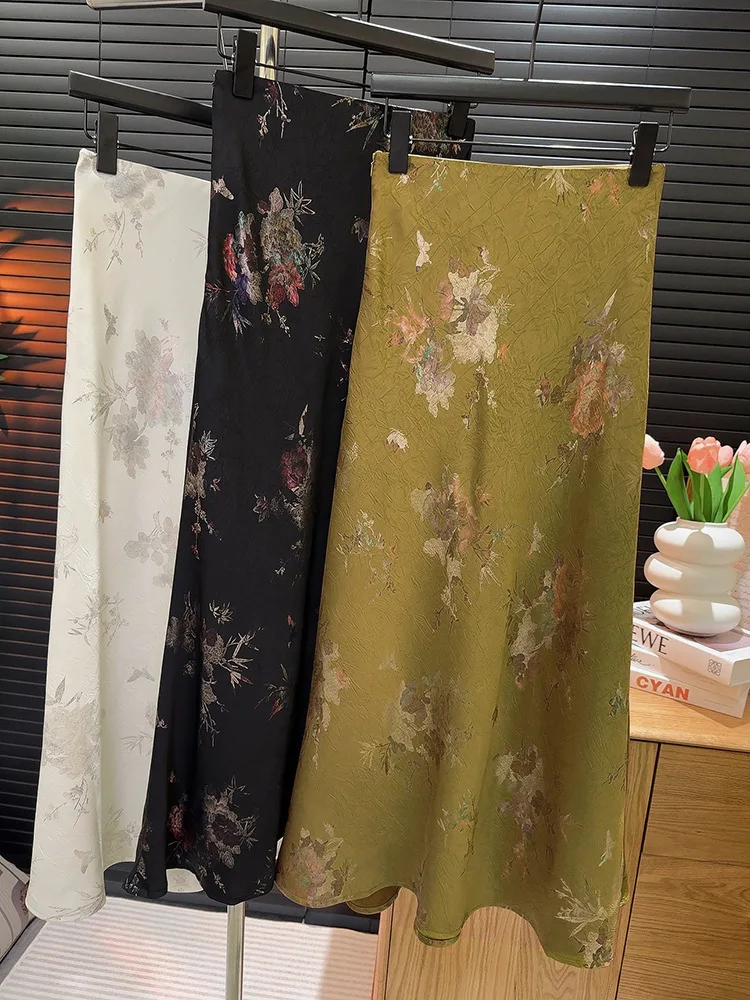 2026 New Arrival Women Elegant Vintage Skirt High Waist Flower Sexy Satin Maxi Skirts Faldas Femme Streetwear