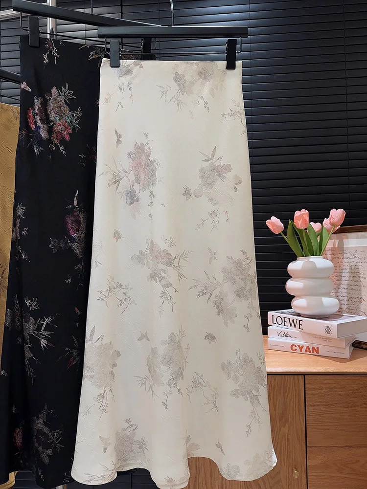 2026 New Arrival Women Elegant Vintage Skirt High Waist Flower Sexy Satin Maxi Skirts Faldas Femme Streetwear