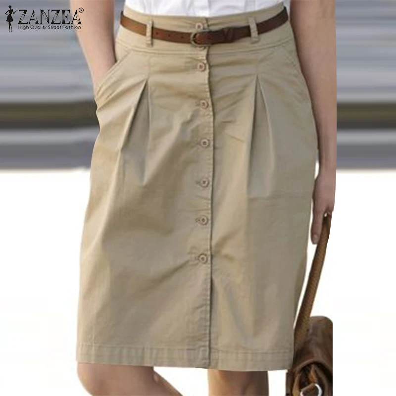 ZANZEA Woman Fashion OL Work Skirts Summer Elegant High Waist Skirt Female Casual Pleated Robe Vintage Buttons Up Faldas Saia