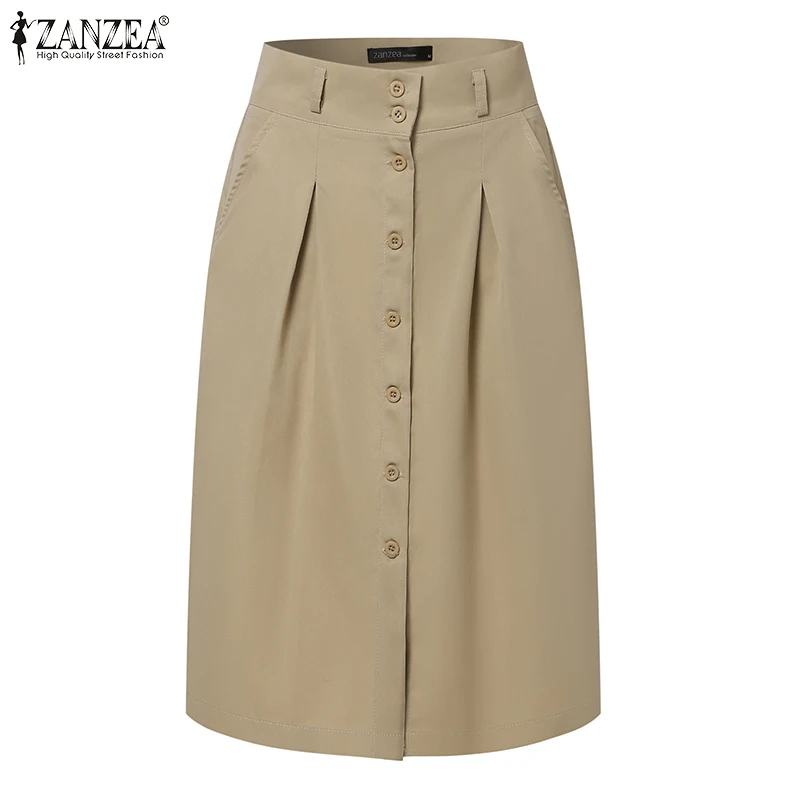 ZANZEA Woman Fashion OL Work Skirts Summer Elegant High Waist Skirt Female Casual Pleated Robe Vintage Buttons Up Faldas Saia