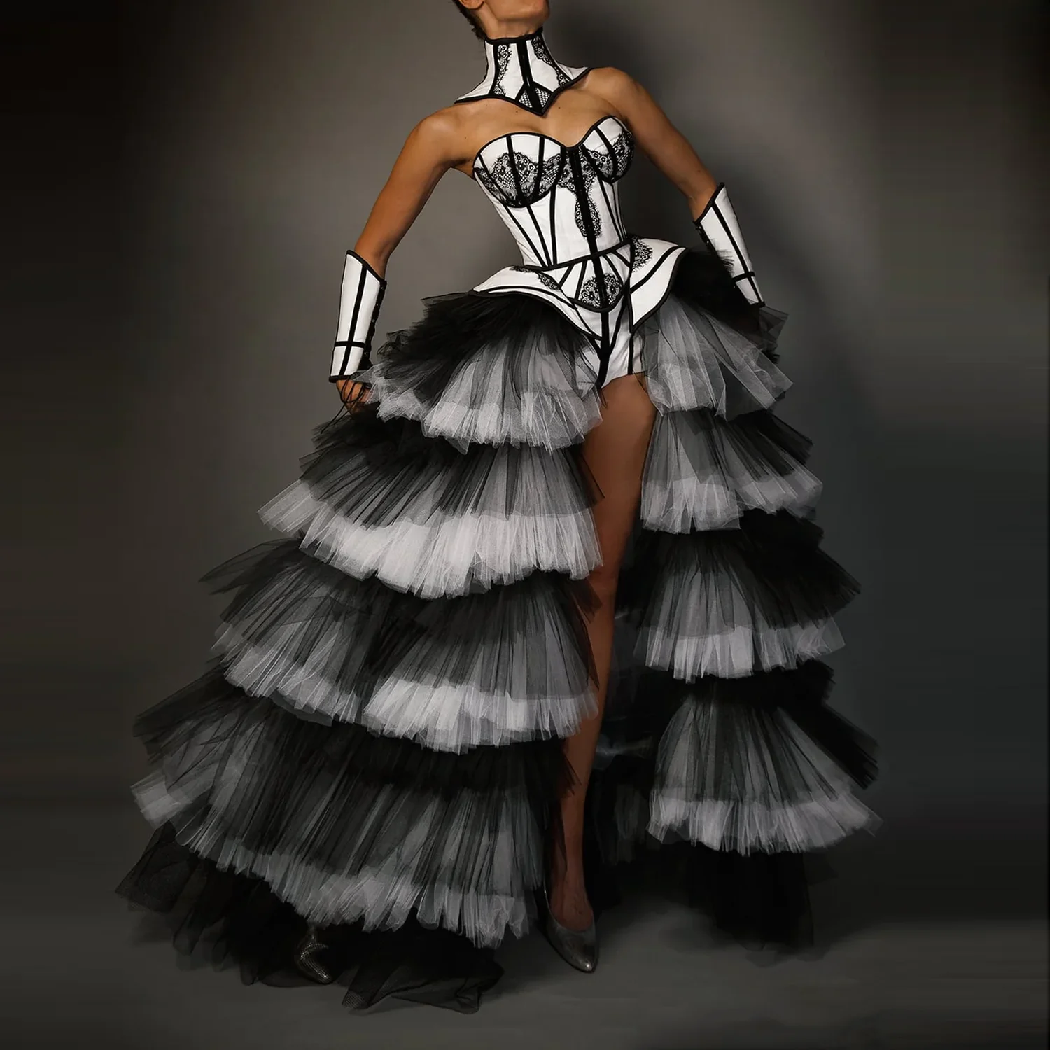 The Chapel Window Tulle Black and White Overskirt Detachable Train Elastic Waist Tiered Puffy Mesh Removable Skirt Women Overlay