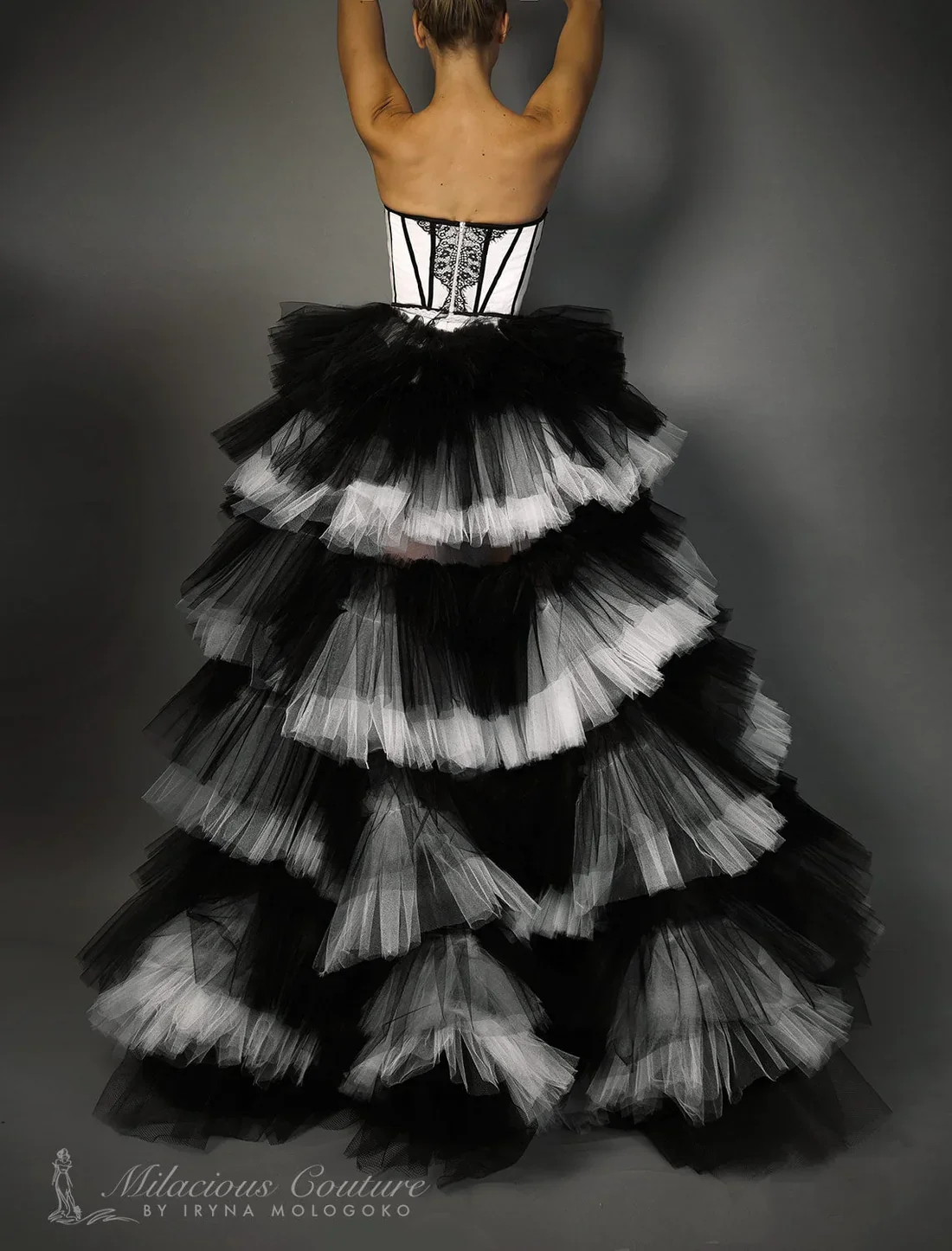 The Chapel Window Tulle Black and White Overskirt Detachable Train Elastic Waist Tiered Puffy Mesh Removable Skirt Women Overlay