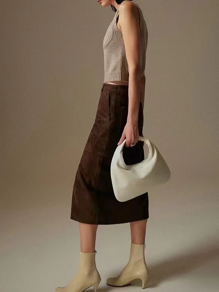High Grade Kid Suede Leather Skirt For Women Winter New Old Money Upgraded Imported Suede Jupe Front Split Waist Loop Faldas