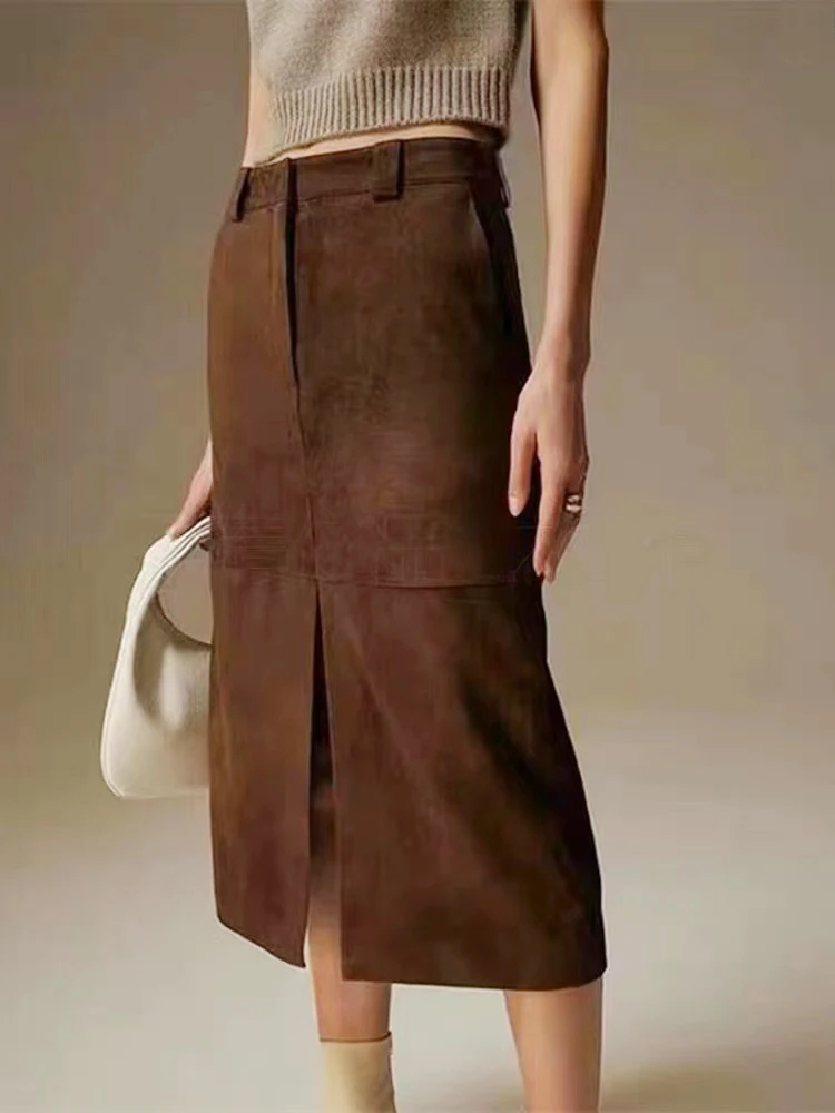 High Grade Kid Suede Leather Skirt For Women Winter New Old Money Upgraded Imported Suede Jupe Front Split Waist Loop Faldas