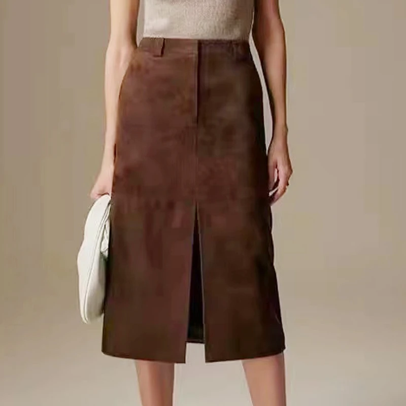 High Grade Kid Suede Leather Skirt For Women Winter New Old Money Upgraded Imported Suede Jupe Front Split Waist Loop Faldas