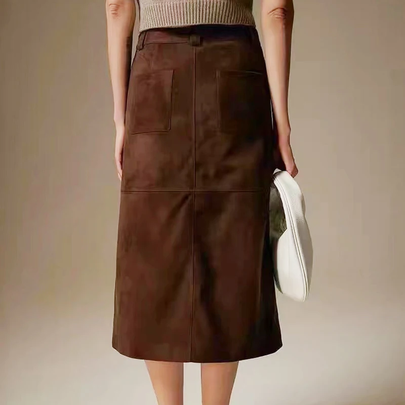 High Grade Kid Suede Leather Skirt For Women Winter New Old Money Upgraded Imported Suede Jupe Front Split Waist Loop Faldas