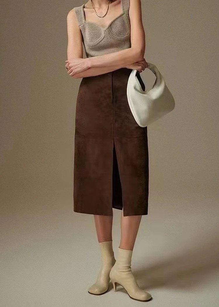 High Grade Kid Suede Leather Skirt For Women Winter New Old Money Upgraded Imported Suede Jupe Front Split Waist Loop Faldas
