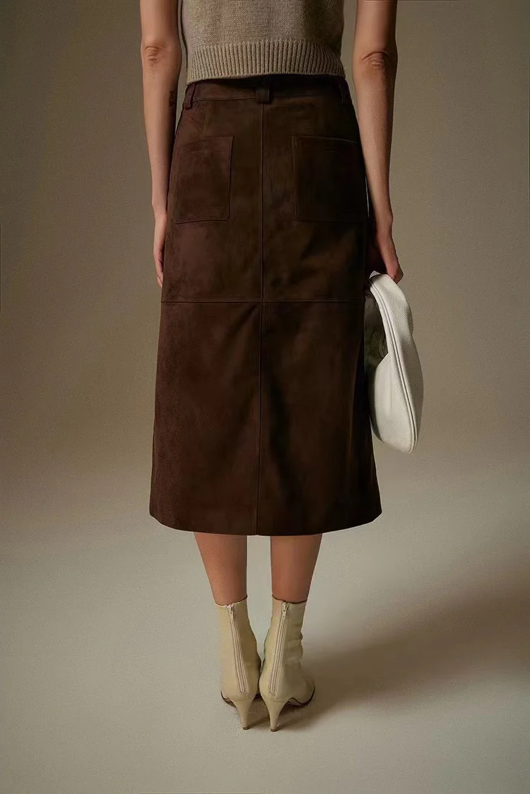 High Grade Kid Suede Leather Skirt For Women Winter New Old Money Upgraded Imported Suede Jupe Front Split Waist Loop Faldas