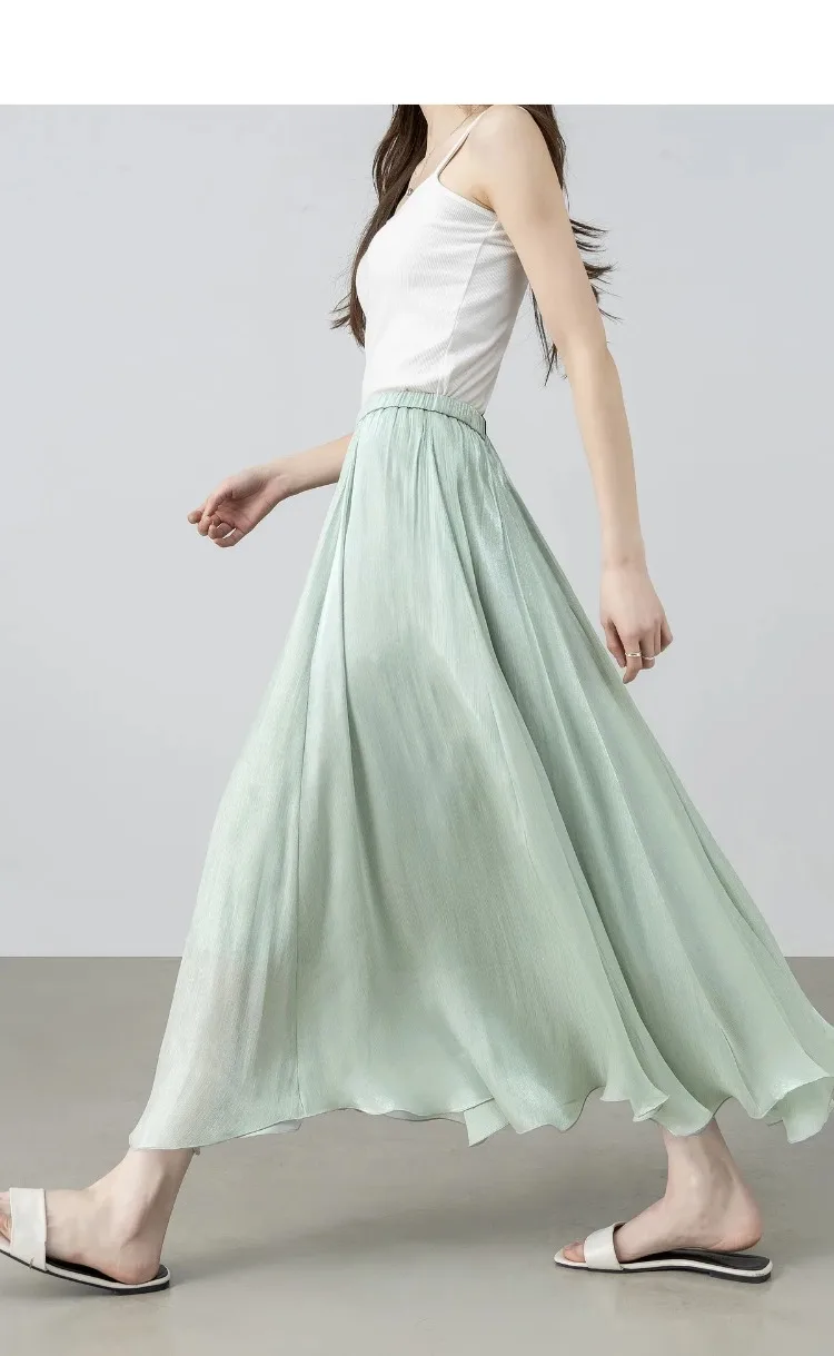 SENTUBILA Women's Summer Skirt 2026 Elegant Elastic Waist Sheen Flowy A Line Long Skirt for Woman Ladies Clothes 162QG4909