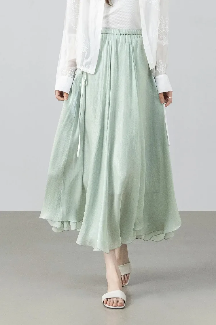 SENTUBILA Women's Summer Skirt 2026 Elegant Elastic Waist Sheen Flowy A Line Long Skirt for Woman Ladies Clothes 162QG4909