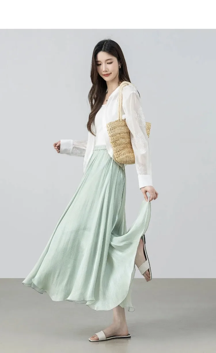 SENTUBILA Women's Summer Skirt 2026 Elegant Elastic Waist Sheen Flowy A Line Long Skirt for Woman Ladies Clothes 162QG4909
