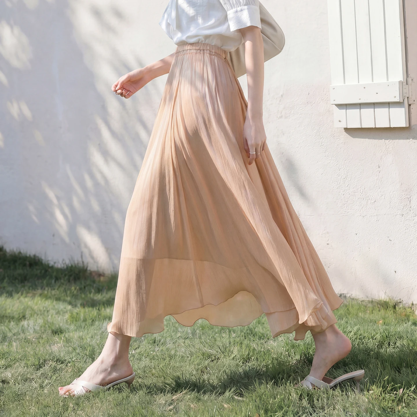 SENTUBILA Women's Summer Skirt 2026 Elegant Elastic Waist Sheen Flowy A Line Long Skirt for Woman Ladies Clothes 162QG4909