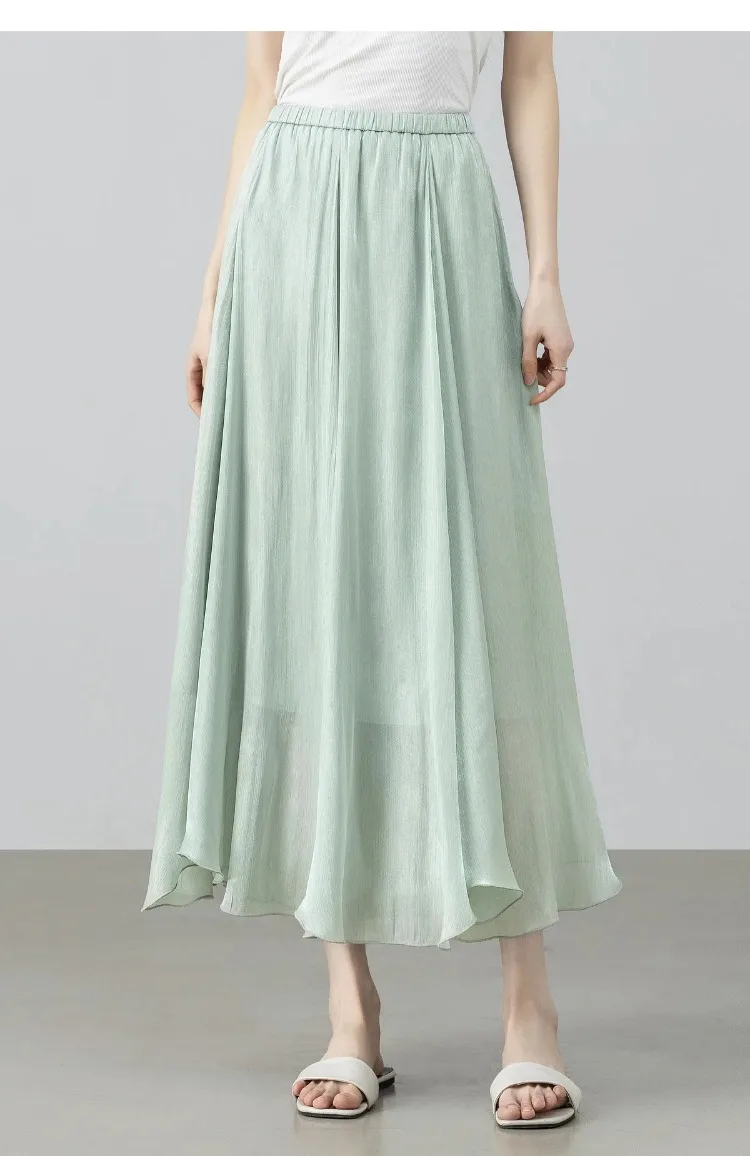 SENTUBILA Women's Summer Skirt 2026 Elegant Elastic Waist Sheen Flowy A Line Long Skirt for Woman Ladies Clothes 162QG4909