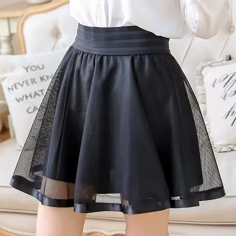 Summer New Elastic High Waist Skirt Women All-match A Line Shaggy Short Skirt Black Mesh Lace Pleated Pure Color Young Fashion