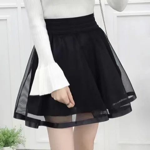 Summer New Elastic High Waist Skirt Women All-match A Line Shaggy Short Skirt Black Mesh Lace Pleated Pure Color Young Fashion