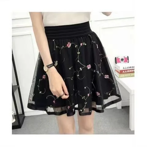 Summer New Elastic High Waist Skirt Women All-match A Line Shaggy Short Skirt Black Mesh Lace Pleated Pure Color Young Fashion