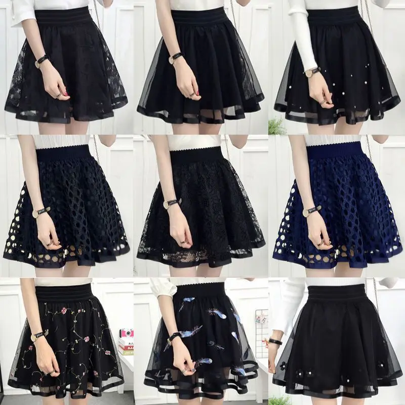 Summer New Elastic High Waist Skirt Women All-match A Line Shaggy Short Skirt Black Mesh Lace Pleated Pure Color Young Fashion