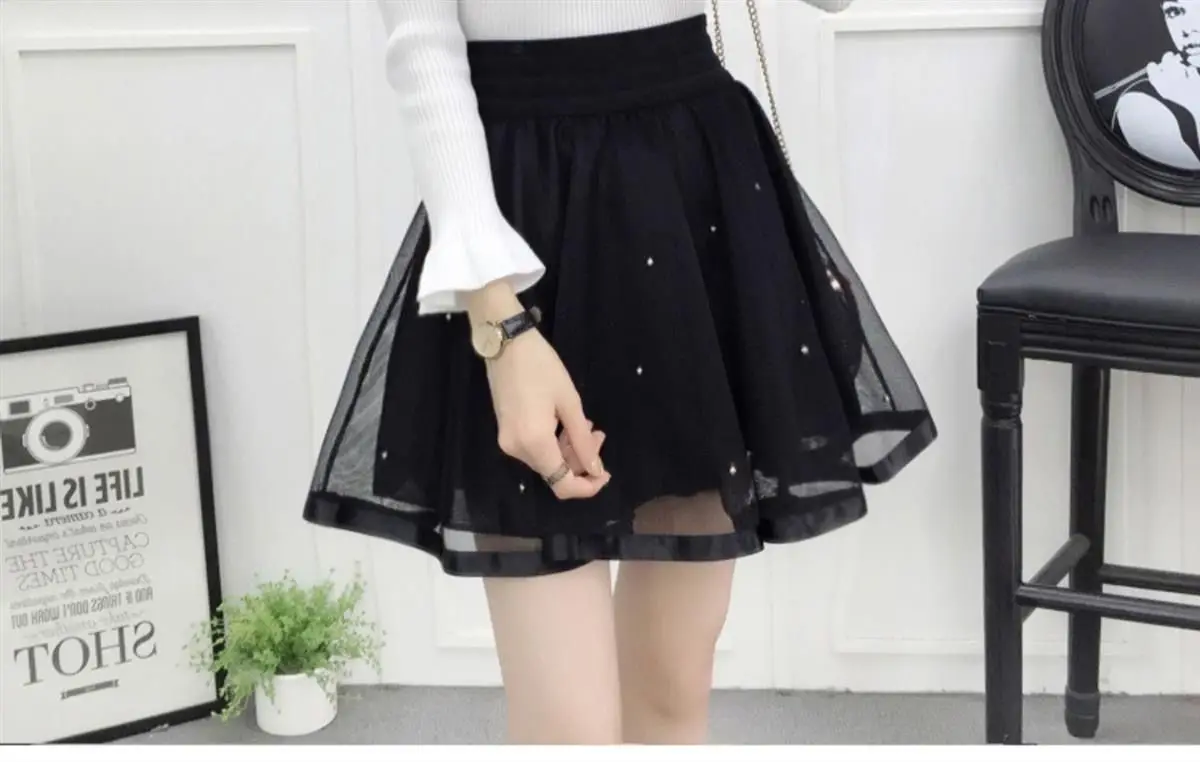 Summer New Elastic High Waist Skirt Women All-match A Line Shaggy Short Skirt Black Mesh Lace Pleated Pure Color Young Fashion