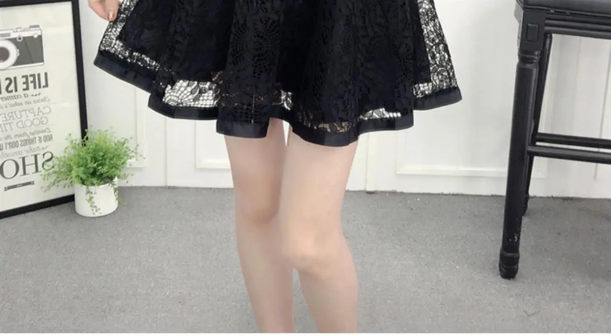 Summer New Elastic High Waist Skirt Women All-match A Line Shaggy Short Skirt Black Mesh Lace Pleated Pure Color Young Fashion